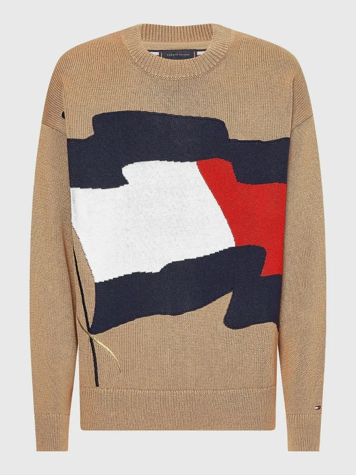 Tommy Hilfiger Motion Flag Crew Neck Jumper Basket Brown Mens Knitwear Near Me