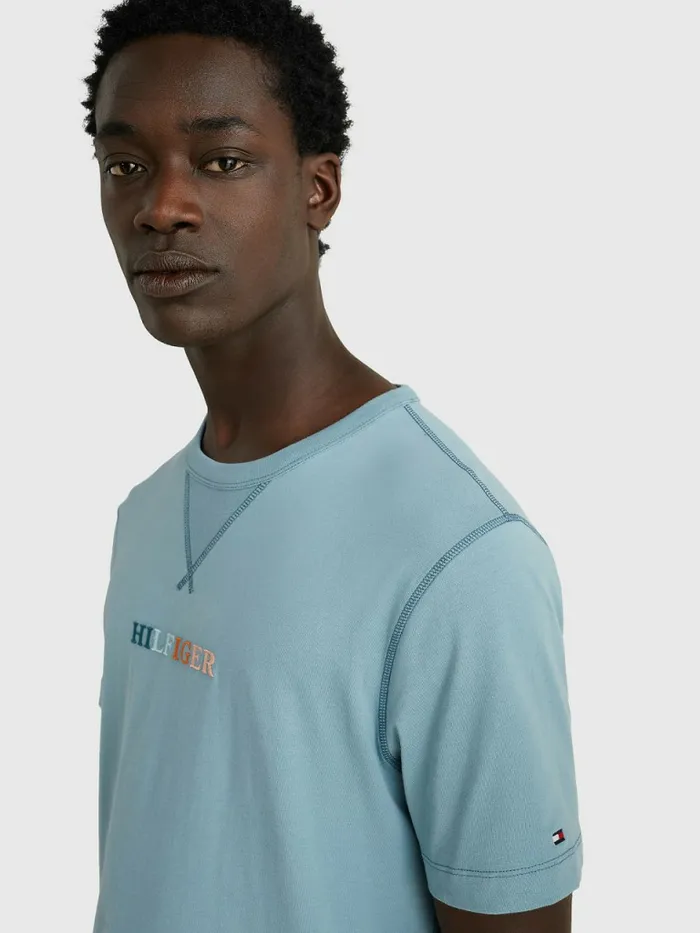 Tommy Hilfiger Multicolour Logo Embroidery TShirt Lofty Blue Mens TShirts Online