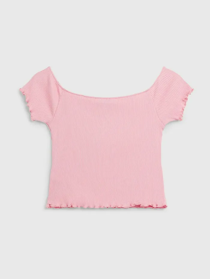 Tommy Hilfiger Off The Shoulder RibKnit TShirt Fresh Pink Girls Tops and TShirts Gift for Friend