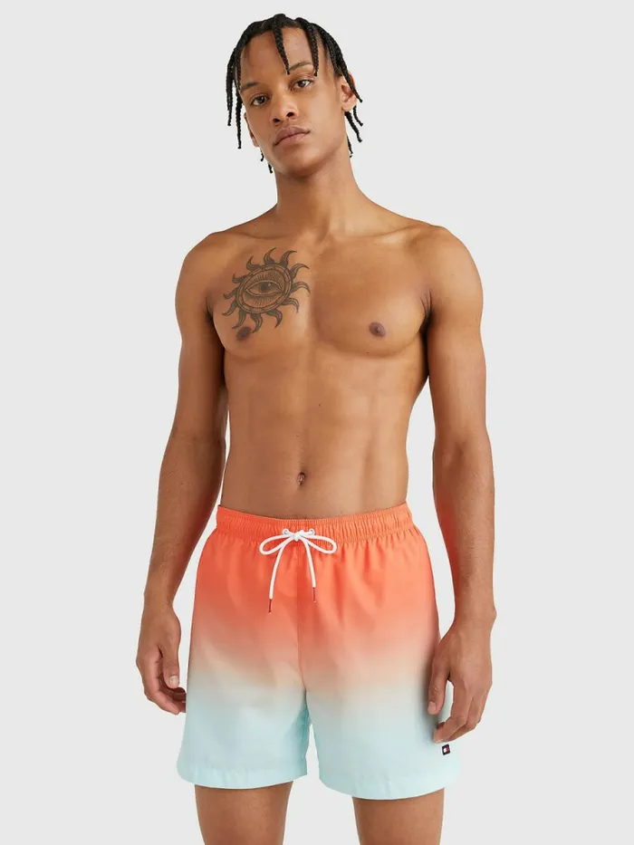 Tommy Hilfiger Ombre Mid Length Swim Shorts Tommy Tikki Sunrise Print Mens Swimwear Sale