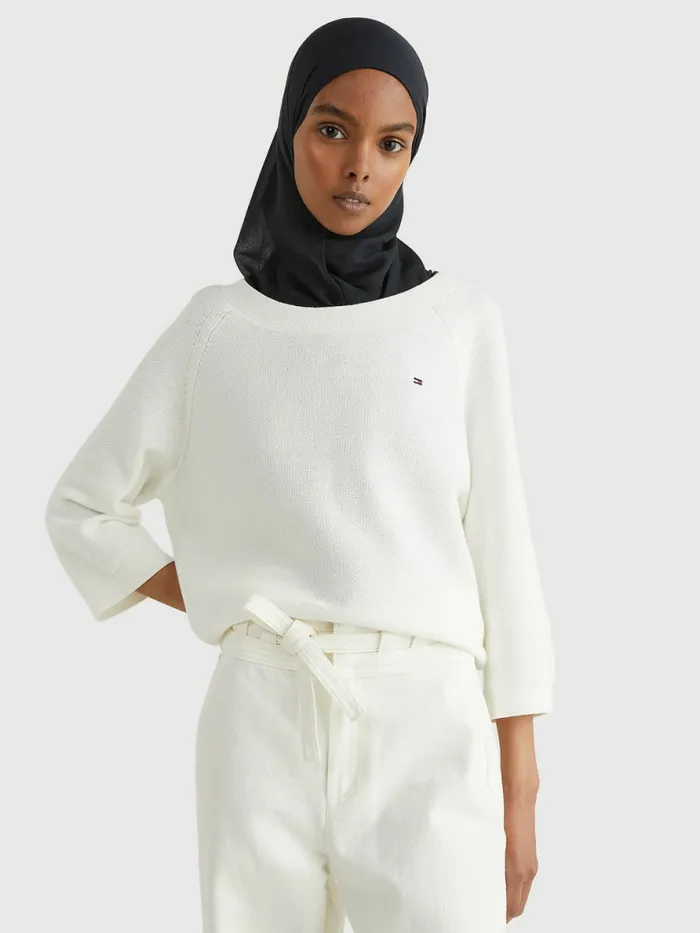 Tommy Hilfiger Organic Cotton Boat Neck Relaxed Jumper Ecru Womens Knitwear Gift Ideas