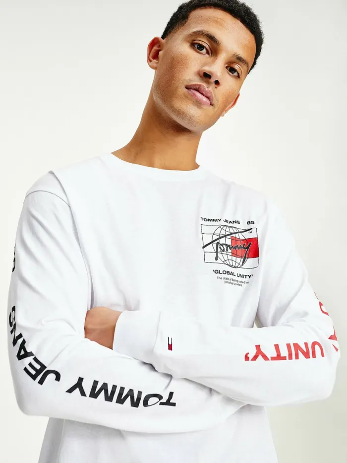 Tommy Hilfiger Organic Cotton Long Sleeve TShirt White Mens TShirts On Sale