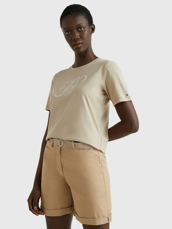 Tommy Hilfiger Organic Cotton Monogram TShirt Beige Womens TShirts Fashion