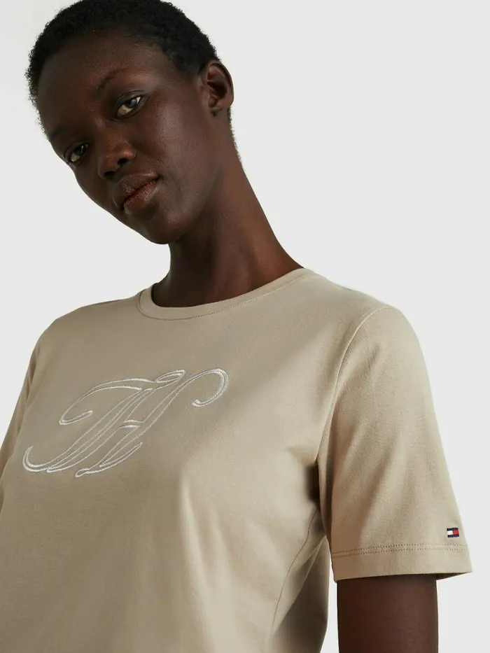 Tommy Hilfiger Organic Cotton Monogram TShirt Beige Womens TShirts Fashion