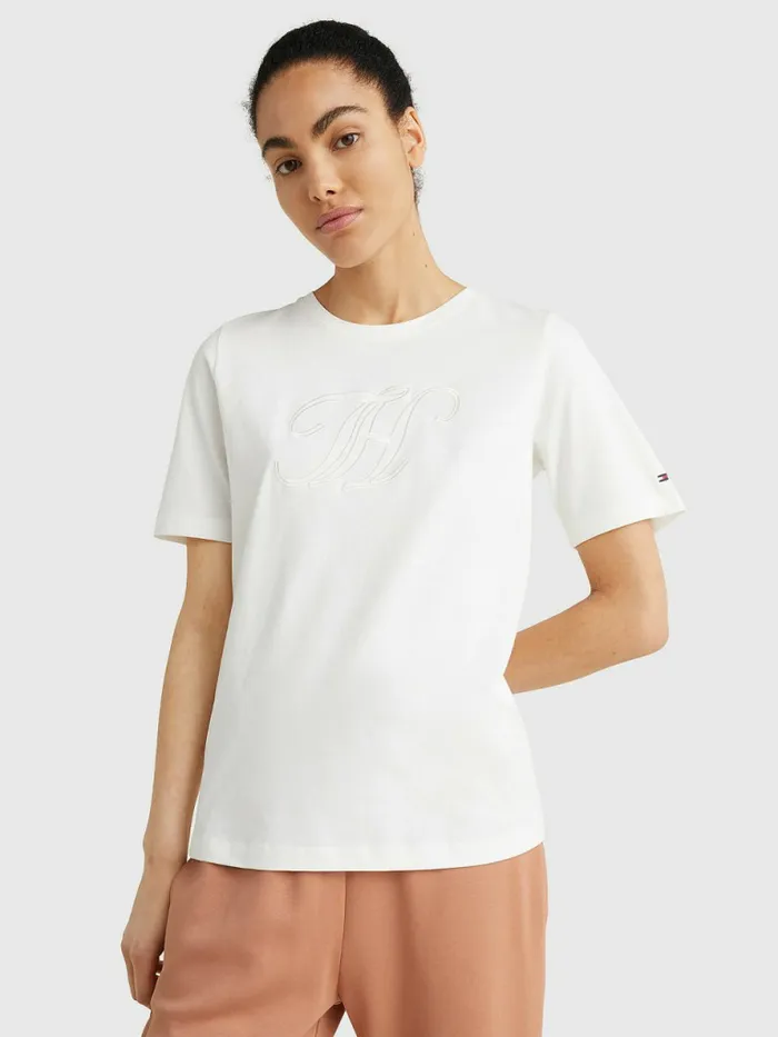 Tommy Hilfiger Organic Cotton Monogram TShirt Ecru Womens TShirts On Sale