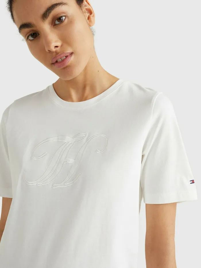 Tommy Hilfiger Organic Cotton Monogram TShirt Ecru Womens TShirts On Sale
