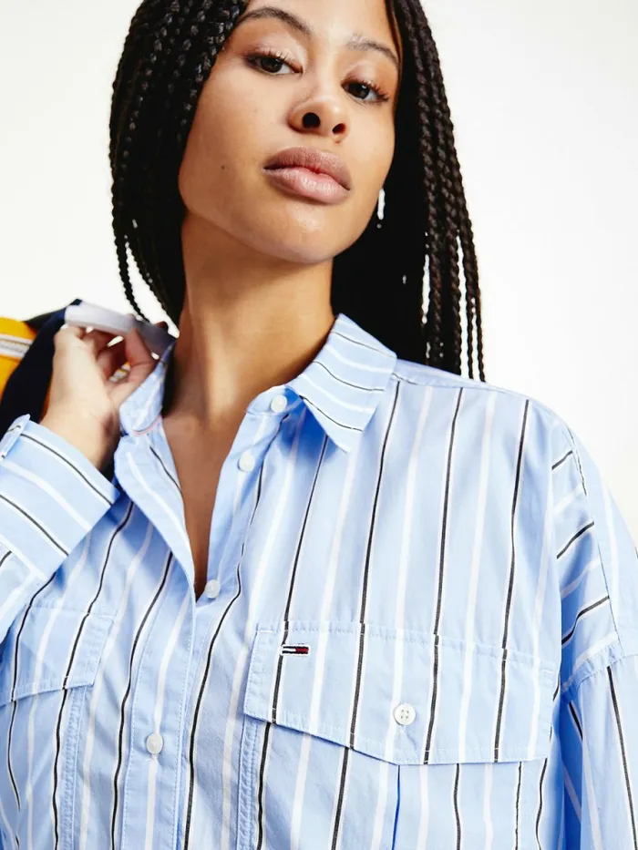 Tommy Hilfiger Organic Cotton Oversized Stripe Shirt Moderate BlueMulti Womens Shirts and Blouses Gift for Friend
