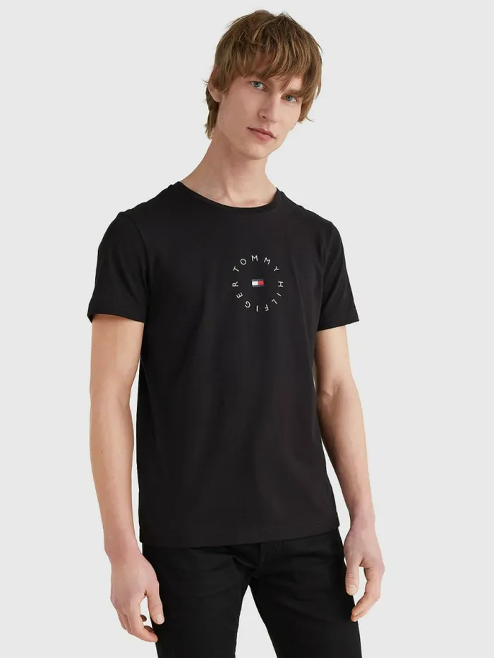 Tommy Hilfiger Organic Cotton Round Logo TShirt Black Mens TShirts Casaul