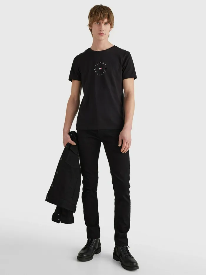 Tommy Hilfiger Organic Cotton Round Logo TShirt Black Mens TShirts Casaul