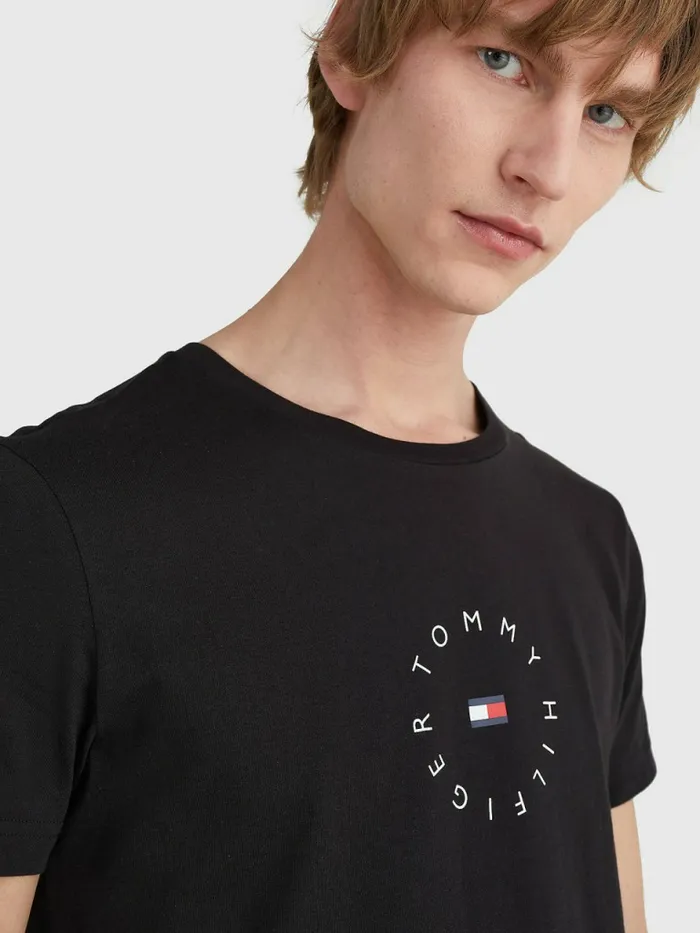 Tommy Hilfiger Organic Cotton Round Logo TShirt Black Mens TShirts Casaul