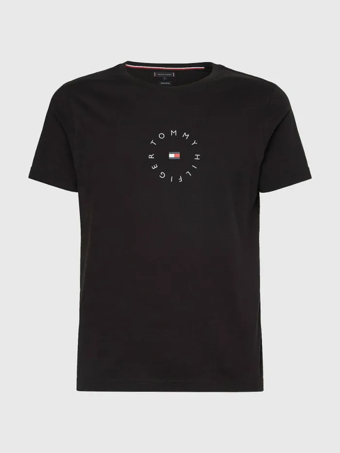 Tommy Hilfiger Organic Cotton Round Logo TShirt Black Mens TShirts Casaul