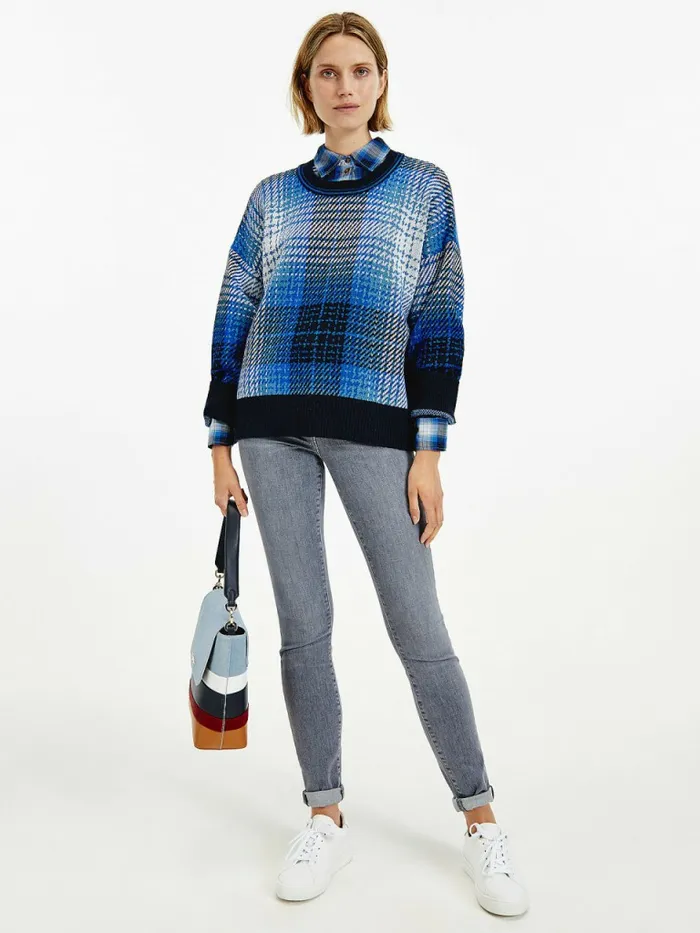 Tommy Hilfiger Organic Cotton Shadow Check Jumper Big Shadow Navy ChkDesert Sky Womens Knitwear Fashion Tommy Hilfiger Organic Cotton Shadow Check Jumper Big Shadow Navy ChkDesert Sky Womens Knitwear Fashion