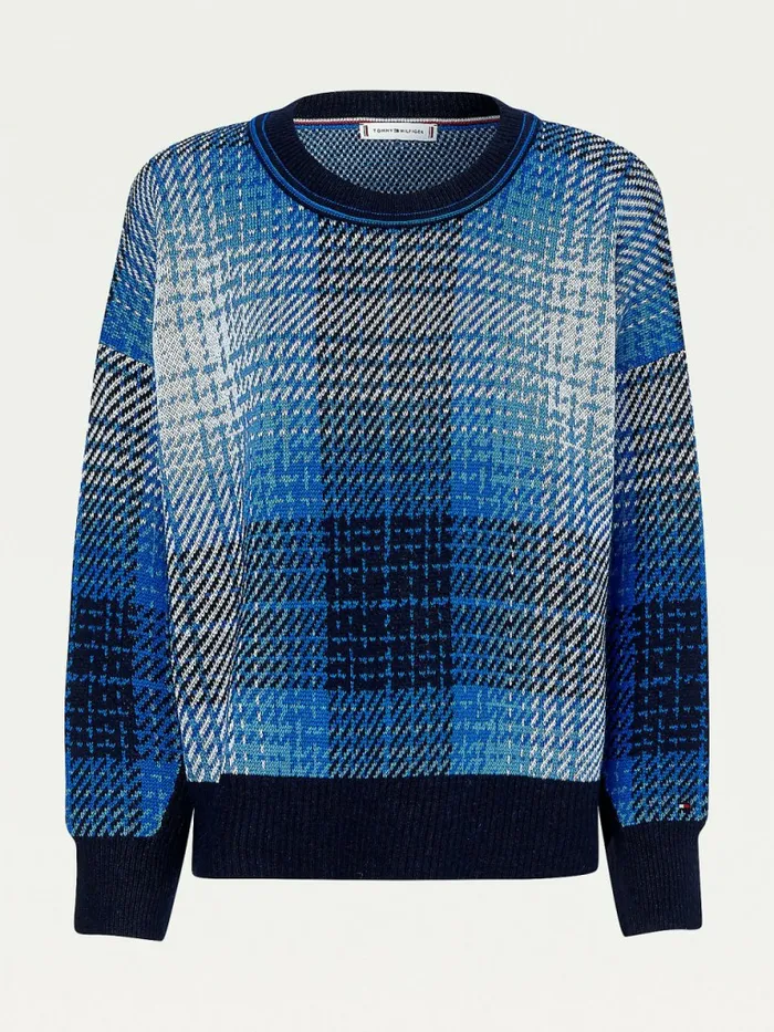 Tommy Hilfiger Organic Cotton Shadow Check Jumper Big Shadow Navy ChkDesert Sky Womens Knitwear Fashion