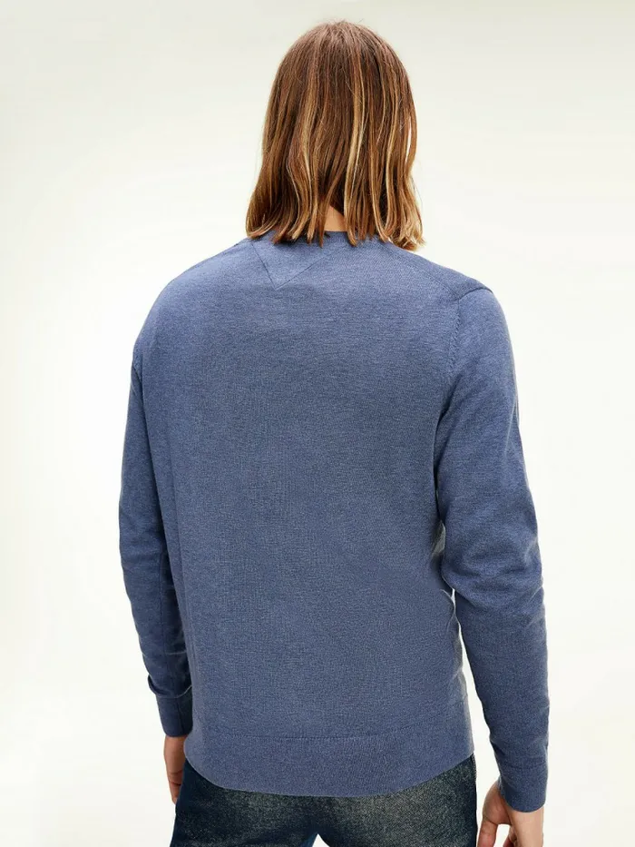 Tommy Hilfiger Organic Cotton Silk Crew Neck Jumper Faded Indigo Heather Mens Knitwear For Sale