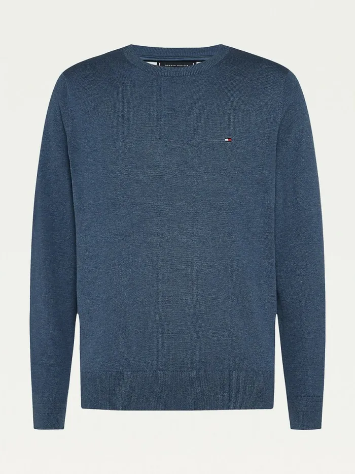 Tommy Hilfiger Organic Cotton Silk Crew Neck Jumper Faded Indigo Heather Mens Knitwear For Sale