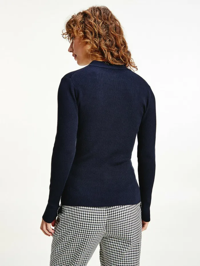 Tommy Hilfiger Organic Cotton Slim Fit Polo Jumper Desert Sky Womens Knitwear Cheap On Sale