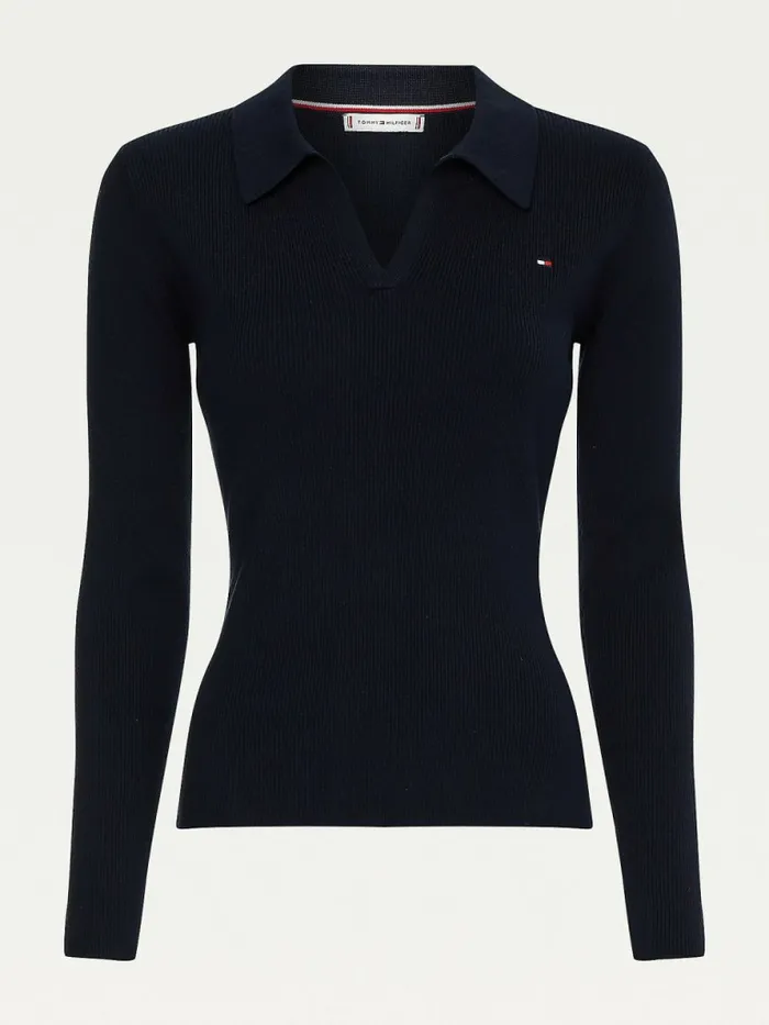 Tommy Hilfiger Organic Cotton Slim Fit Polo Jumper Desert Sky Womens Knitwear Cheap On Sale