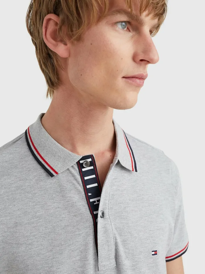 Tommy Hilfiger Organic Cotton Tipped Slim Fit Polo Light Grey Heather Mens Polo Shirts Sale