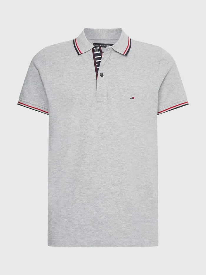 Tommy Hilfiger Organic Cotton Tipped Slim Fit Polo Light Grey Heather Mens Polo Shirts Sale