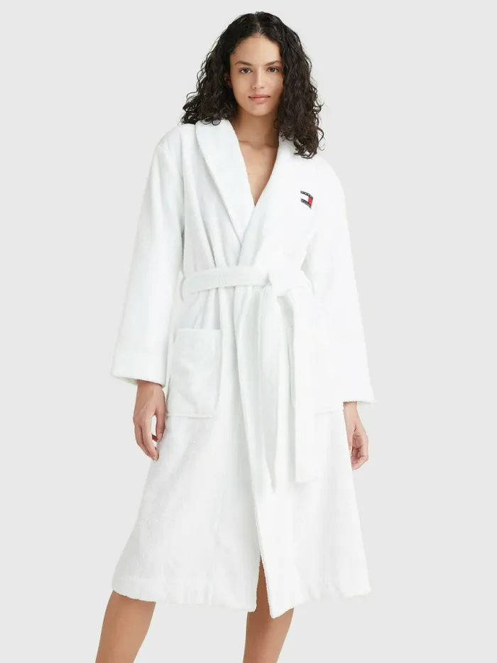 Tommy Hilfiger Organic Cotton Towelling Robe WhiteOutline Signature Womens Lounge and Nightwear Tommy Hilfiger Organic Cotton Towelling Robe WhiteOutline Signature Womens Lounge and Nightwear