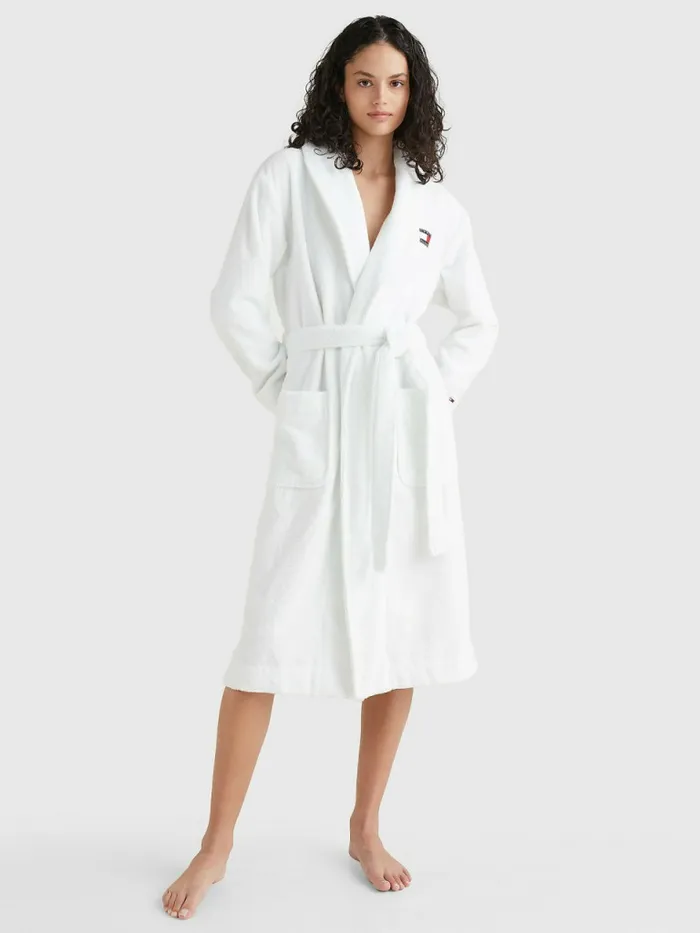 Tommy Hilfiger Organic Cotton Towelling Robe WhiteOutline Signature Womens Lounge and Nightwear
