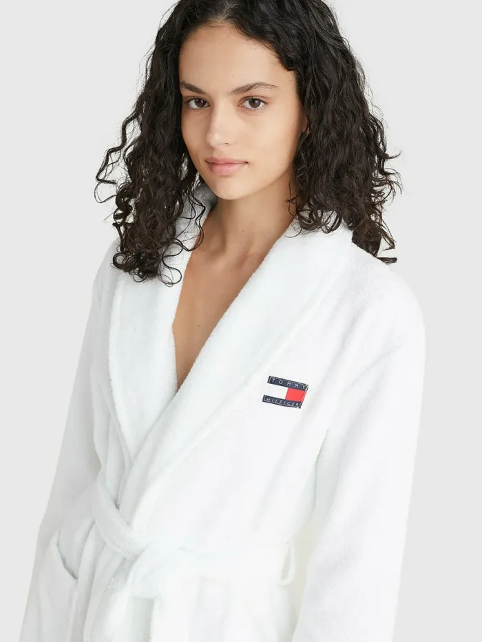 Tommy Hilfiger Organic Cotton Towelling Robe WhiteOutline Signature Womens Lounge and Nightwear