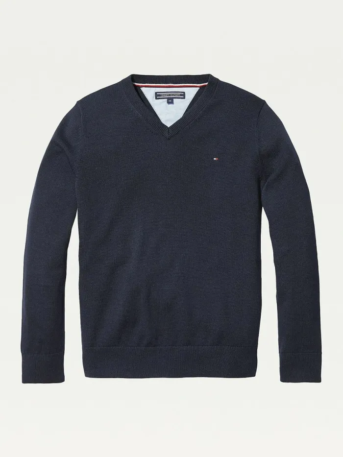 Tommy Hilfiger Organic Cotton VNeck Jumper Sky Captain Girls Jumpers and Cardigans Fashion Tommy Hilfiger Organic Cotton VNeck Jumper Sky Captain Girls Jumpers and Cardigans Fashion