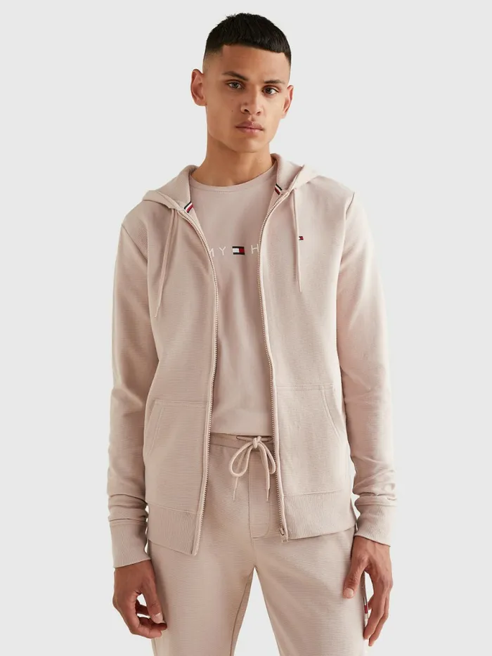 Tommy Hilfiger Organic Cotton ZipThru Logo Hoody Balanced Beige Mens Loungewear and Nightwear Tommy Hilfiger Organic Cotton ZipThru Logo Hoody Balanced Beige Mens Loungewear and Nightwear