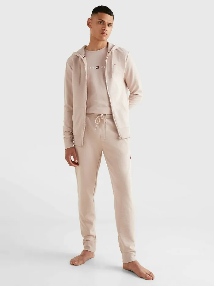 Tommy Hilfiger Organic Cotton ZipThru Logo Hoody Balanced Beige Mens Loungewear and Nightwear