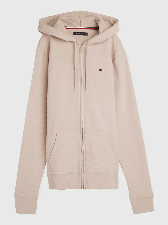 Tommy Hilfiger Organic Cotton ZipThru Logo Hoody Balanced Beige Mens Loungewear and Nightwear