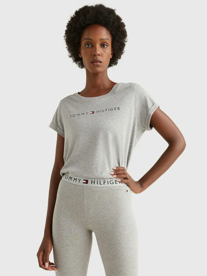 Tommy Hilfiger Original Logo TurnBack Cuff TShirt Grey Heather Womens TShirts Gift for Friend Tommy Hilfiger Original Logo TurnBack Cuff TShirt Grey Heather Womens TShirts Gift for Friend