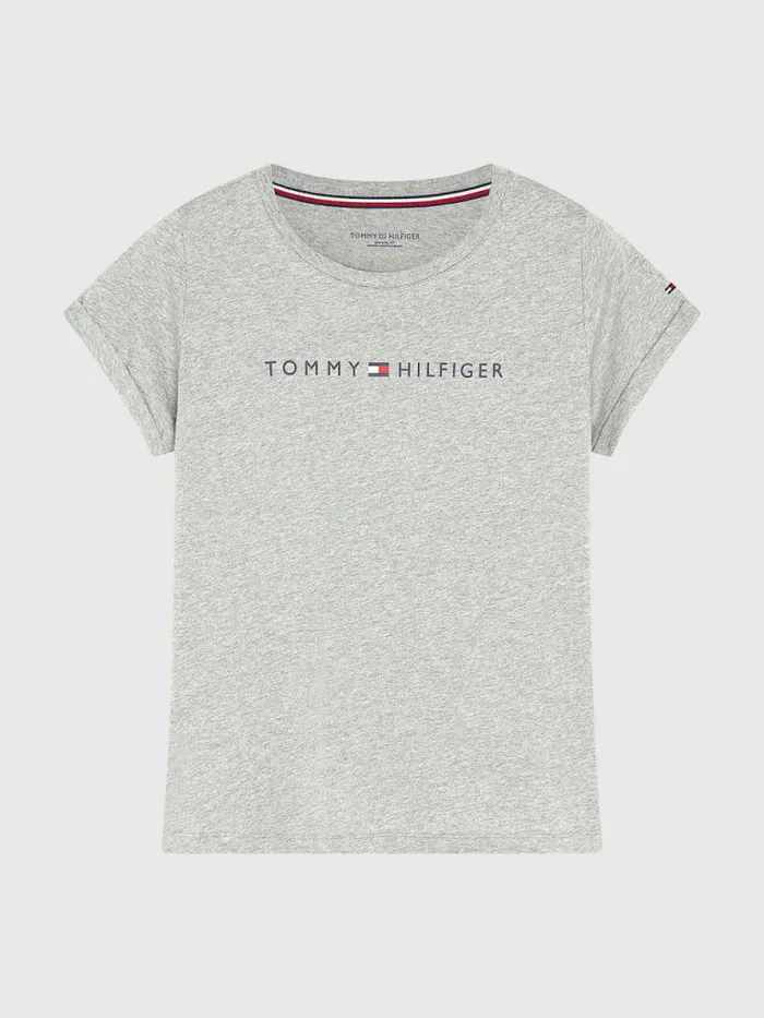 Tommy Hilfiger Original Logo TurnBack Cuff TShirt Grey Heather Womens TShirts Gift for Friend