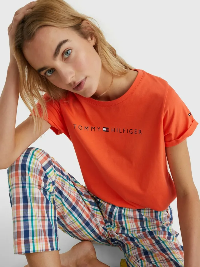 Tommy Hilfiger Original Logo TurnBack Cuff TShirt Hawaiian Coral Womens Lounge and Nightwear