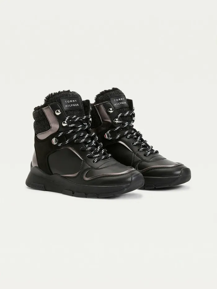Tommy Hilfiger Outdoor Mixed Texture Boots Black Womens Boots Popular