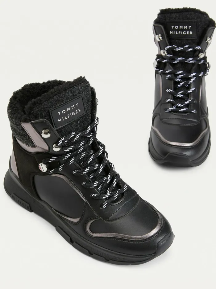 Tommy Hilfiger Outdoor Mixed Texture Boots Black Womens Boots Popular