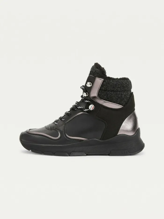 Tommy Hilfiger Outdoor Mixed Texture Boots Black Womens Boots Popular
