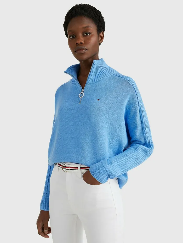 Tommy Hilfiger Oversized HalfZip High Neck Jumper Hydrangea Blue Womens Knitwear Cheap On Sale Tommy Hilfiger Oversized HalfZip High Neck Jumper Hydrangea Blue Womens Knitwear Cheap On Sale