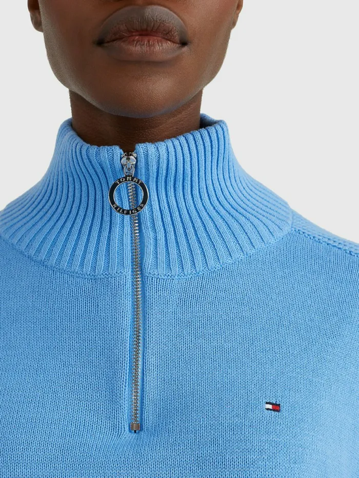 Tommy Hilfiger Oversized HalfZip High Neck Jumper Hydrangea Blue Womens Knitwear Cheap On Sale