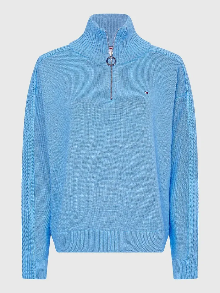 Tommy Hilfiger Oversized HalfZip High Neck Jumper Hydrangea Blue Womens Knitwear Cheap On Sale