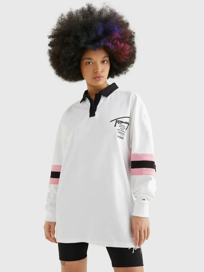 Tommy Hilfiger Oversized Signature Long Sleeve Jersey Polo WhiteMulti Womens Polo Shirts For Sale Tommy Hilfiger Oversized Signature Long Sleeve Jersey Polo WhiteMulti Womens Polo Shirts For Sale