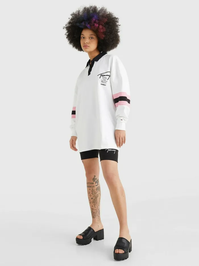 Tommy Hilfiger Oversized Signature Long Sleeve Jersey Polo WhiteMulti Womens Polo Shirts For Sale