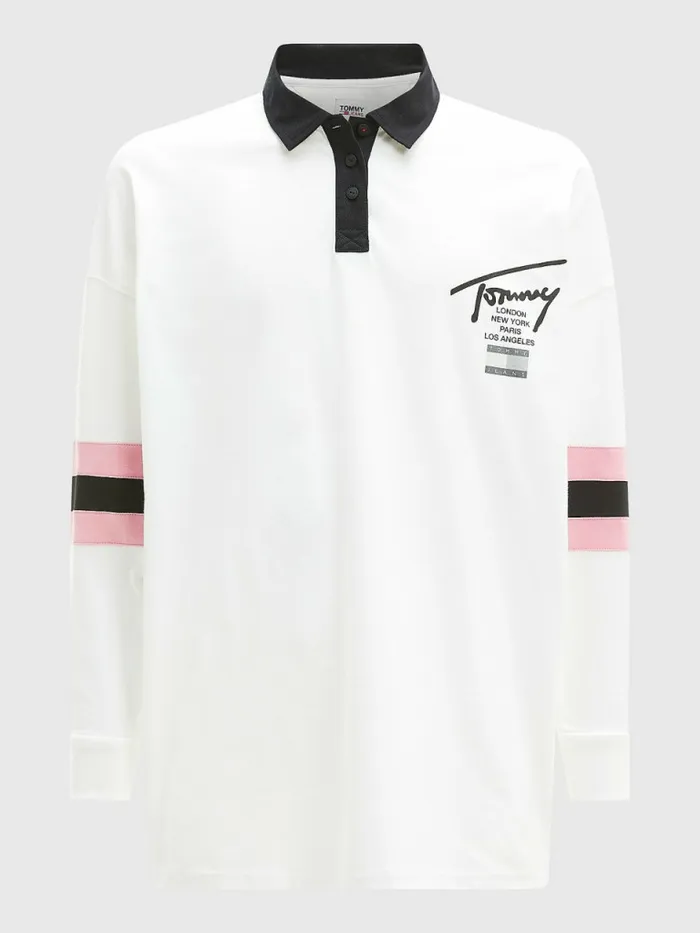 Tommy Hilfiger Oversized Signature Long Sleeve Jersey Polo WhiteMulti Womens Polo Shirts For Sale
