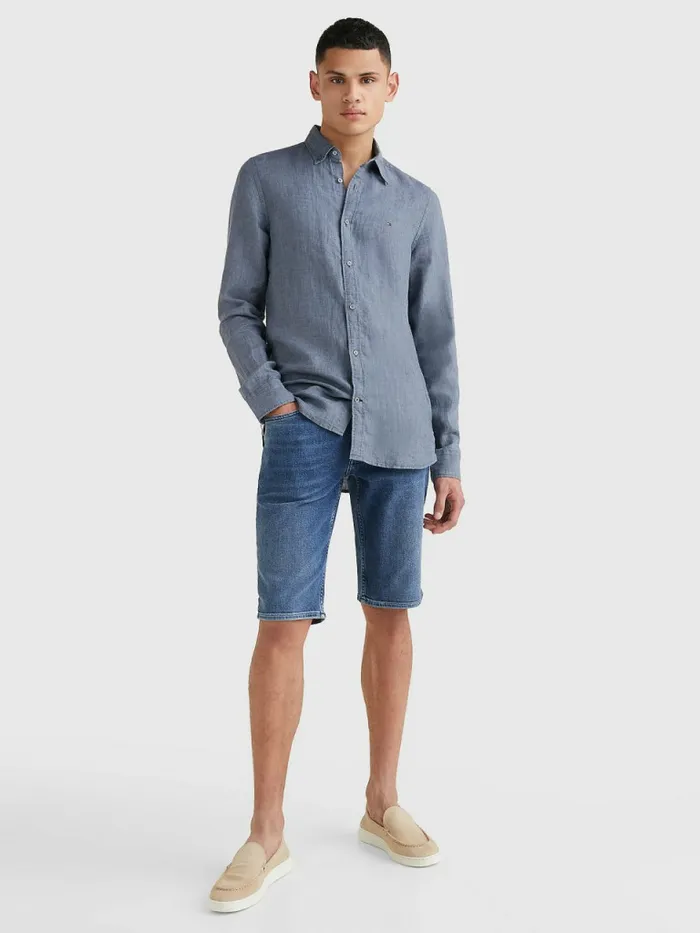 Tommy Hilfiger Pigment Dyed Regular Fit Linen Shirt Charcoal Blue Mens Shirts Cheap On Sale
