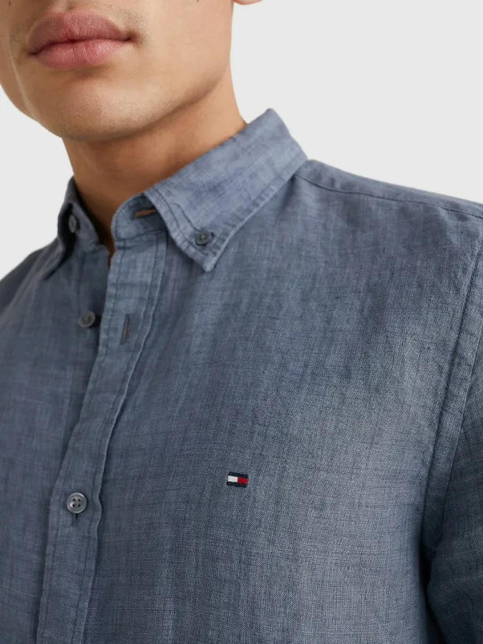 Tommy Hilfiger Pigment Dyed Regular Fit Linen Shirt Charcoal Blue Mens Shirts Cheap On Sale