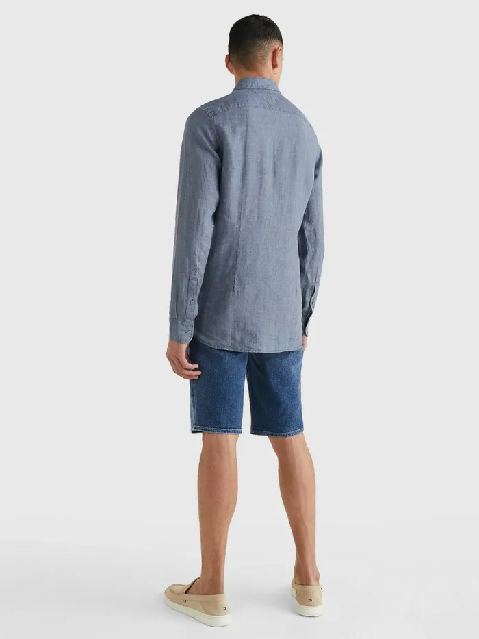Tommy Hilfiger Pigment Dyed Regular Fit Linen Shirt Charcoal Blue Mens Shirts Cheap On Sale