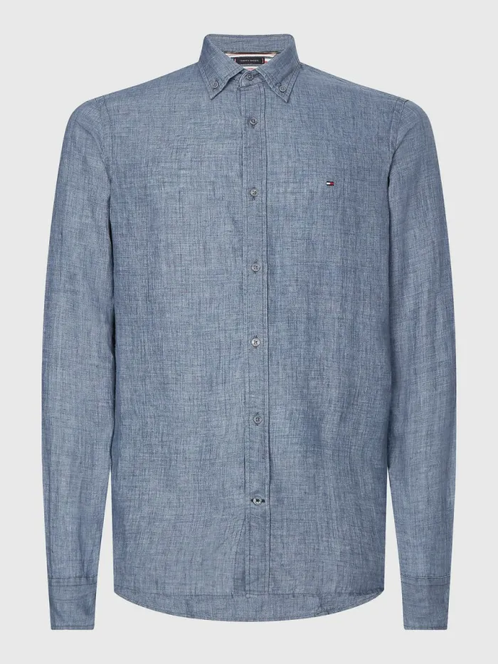 Tommy Hilfiger Pigment Dyed Regular Fit Linen Shirt Charcoal Blue Mens Shirts Cheap On Sale