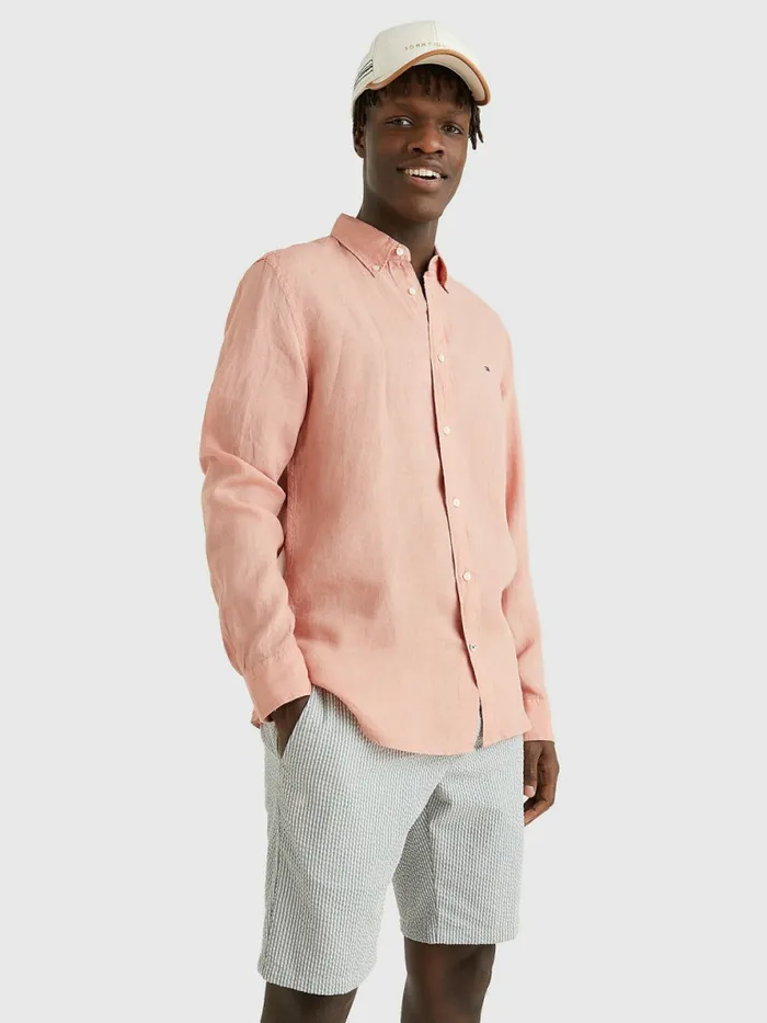 Tommy Hilfiger Pigment Dyed Regular Fit Linen Shirt Guava Mens Shirts Casaul