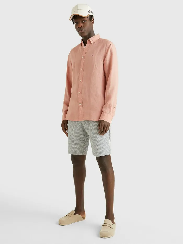 Tommy Hilfiger Pigment Dyed Regular Fit Linen Shirt Guava Mens Shirts Casaul