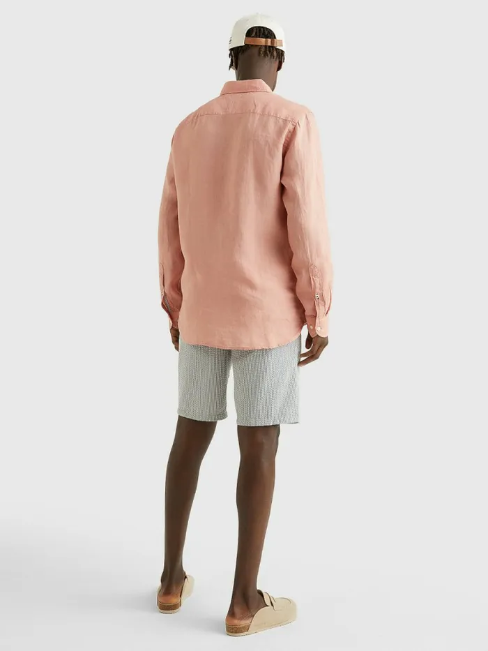 Tommy Hilfiger Pigment Dyed Regular Fit Linen Shirt Guava Mens Shirts Casaul