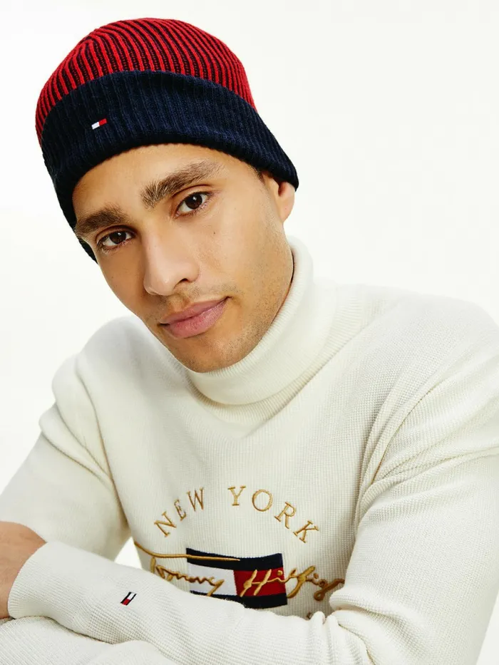 Tommy Hilfiger Pima Cotton Cashmere Double Stitch Beanie Tommy NavyTommy Red Mens Hats and Scarves Sale